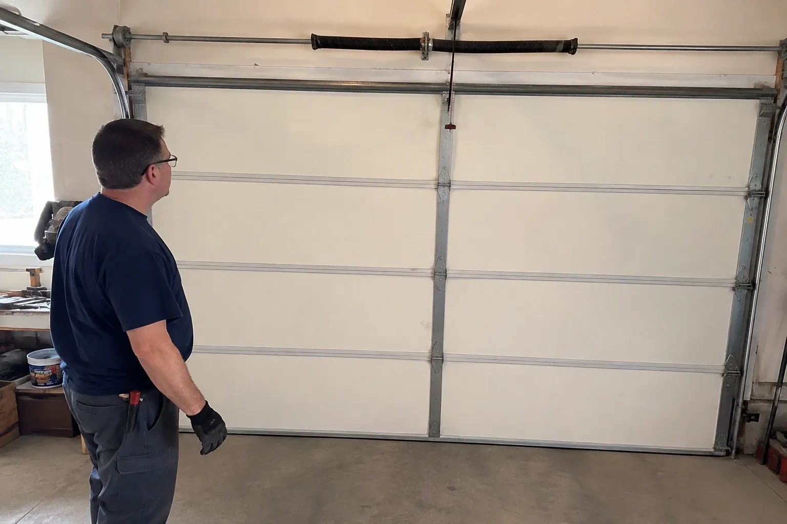 Person in a dark shirt standing before a closed cream sectional door, looking up at a coiled spring and red-tipped cord. — Off-Track Garage Door Reset, Armour Heights