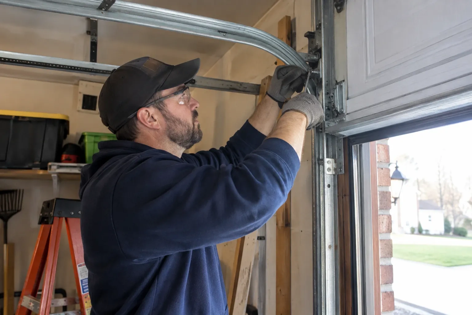Technician in safety glasses turning a small tool at a bracket where the curved metal track meets a door panel.