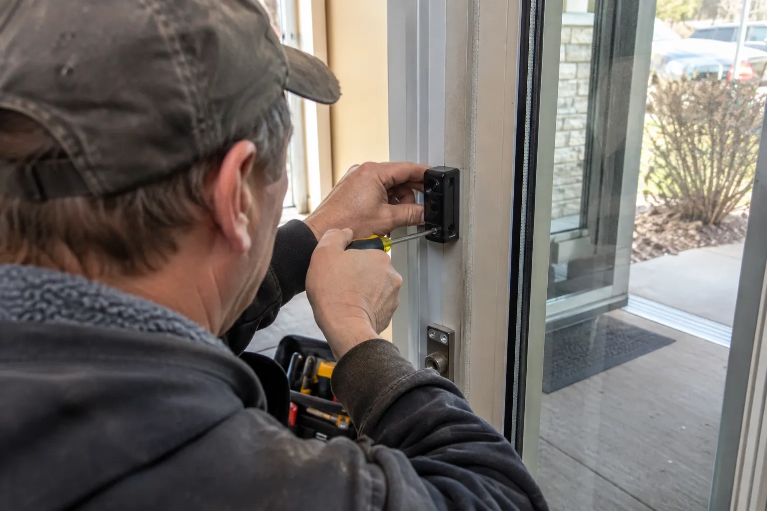 Technician in a cap fastening a small black plastic housing to a white frame beside a glass door, with a screwdriver. — Toronto