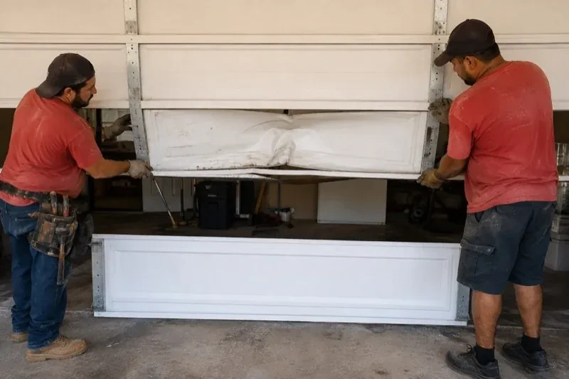 Two people holding a dented lower garage-door section above a separate white panel resting on the ground. — Garage Door Panel Replacement, Toronto