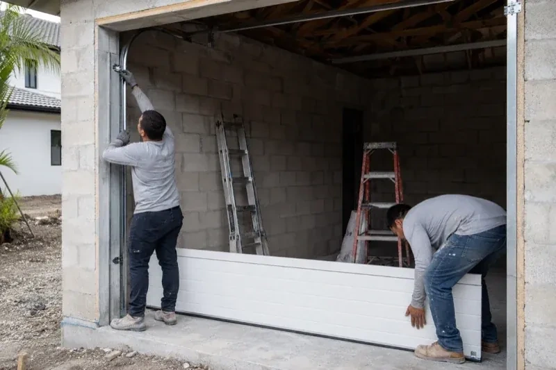 Two people positioning a white garage-door panel and side track in an unfinished masonry garage. — New-Construction Garage Door Installation, Toronto