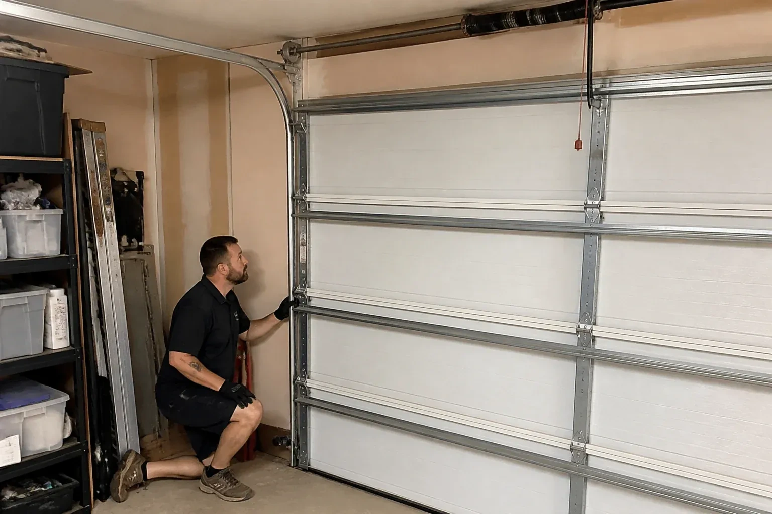 A person examines the vertical side track of a closed garage door. — Garage Door Track Repair or Replacement, Lawrence Manor